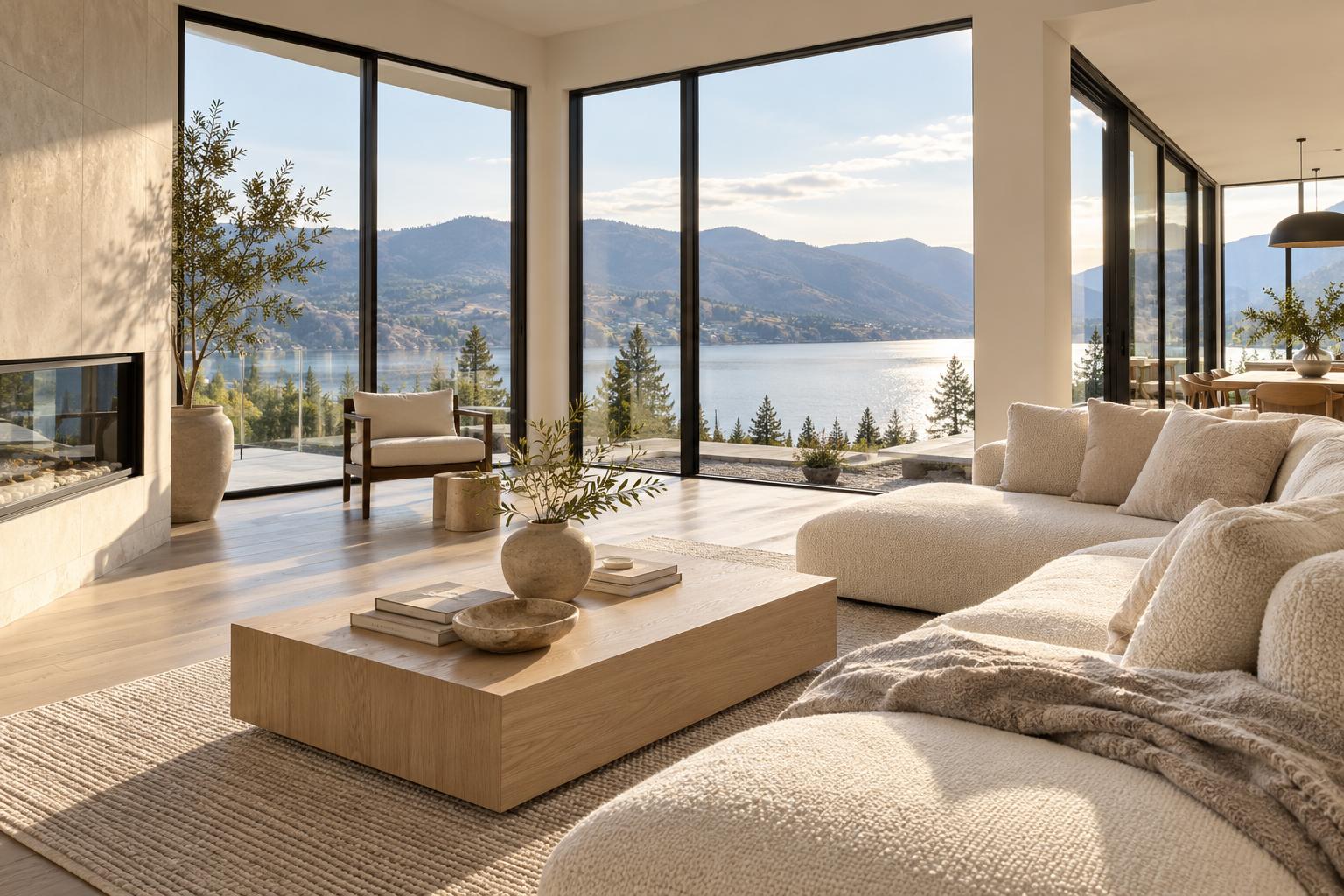 Illustrative sunlit living room overlooking an Okanagan-inspired lake landscape